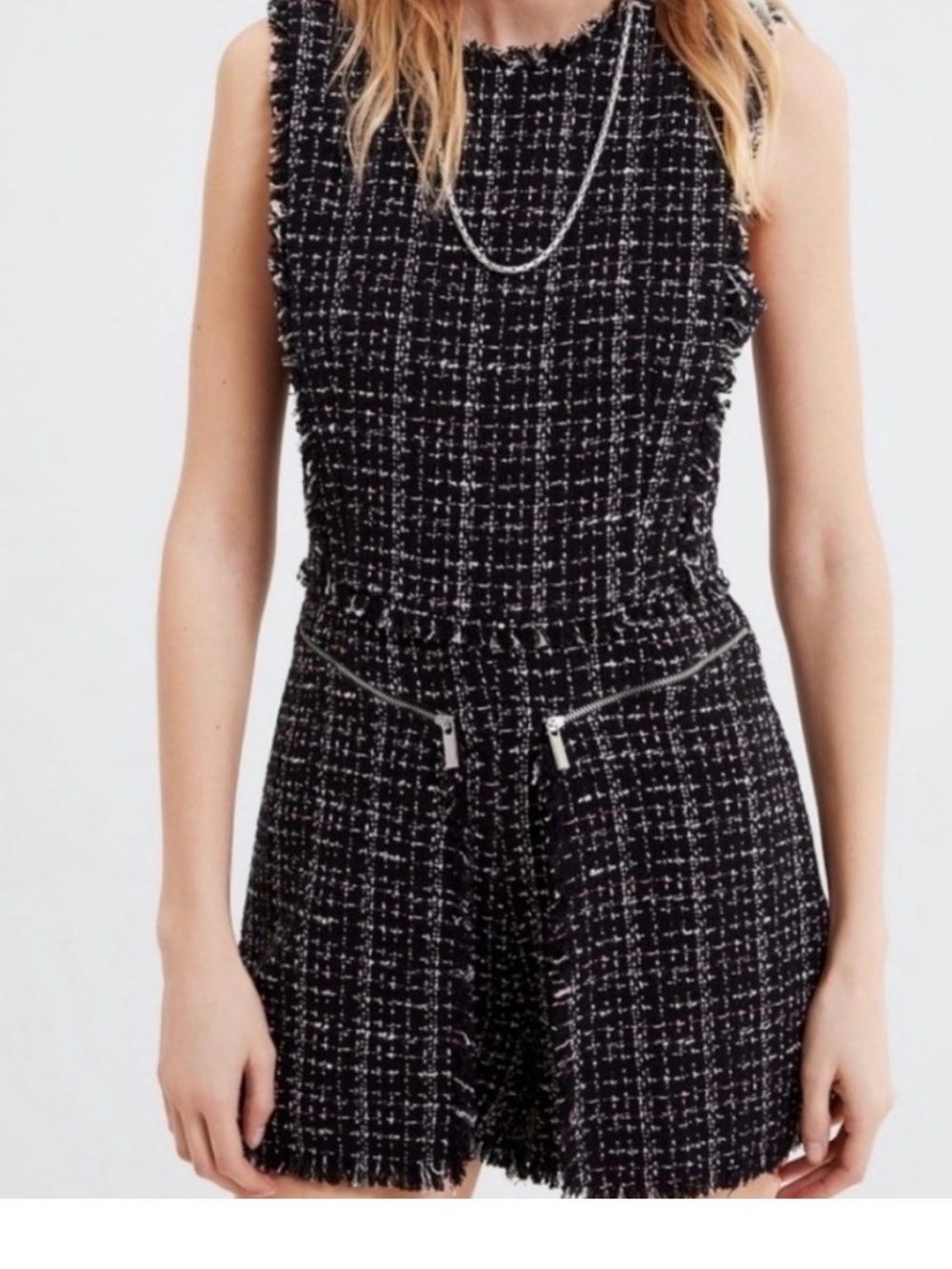 Zara Black and White Tweed Sleeveless Romper